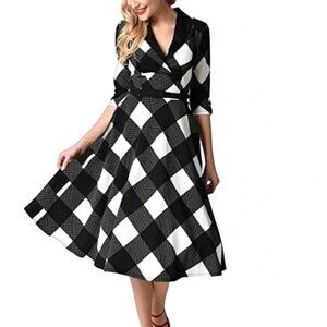Unique Vintage Trudy Swing Dress, Black & White Plaid Retro